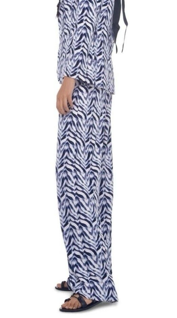 NORMA KAMALI High Rise Wide Leg Pants - Blue Chevron Zebra Women's Large